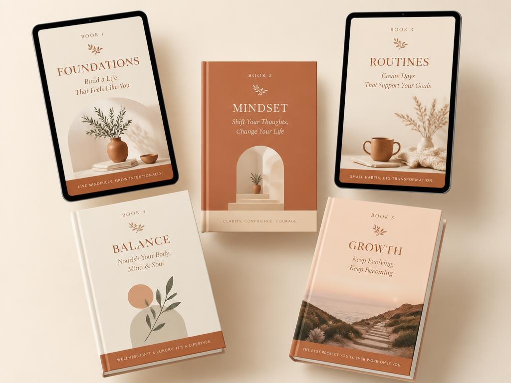 Os cinco ebooks do treinamento exibidos em capas e em tela de tablet